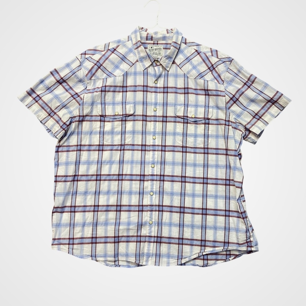 Lucky Brand Western Shirt Mens XXL‎ Blue Plaid Pearl Snap Short Sleeve Excellent